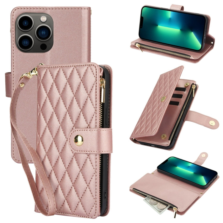 YM016 Rhombic Zipper Card Wallet Leather Phone Case with Lanyard