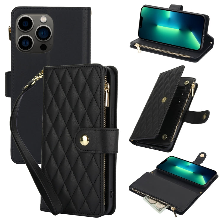 YM016 Rhombic Zipper Card Wallet Leather Phone Case with Lanyard