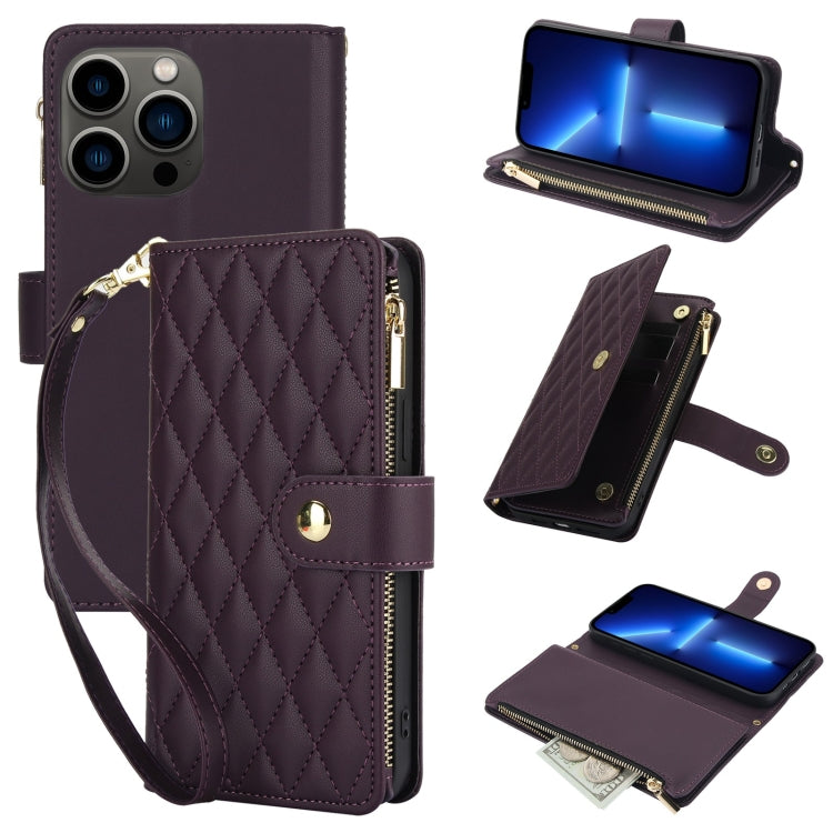 YM016 Rhombic Zipper Card Wallet Leather Phone Case with Lanyard
