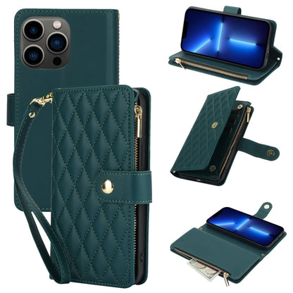YM016 Rhombic Zipper Card Wallet Leather Phone Case with Lanyard