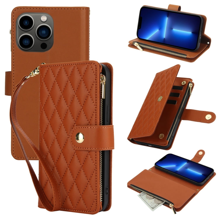 YM016 Rhombic Zipper Card Wallet Leather Phone Case with Lanyard