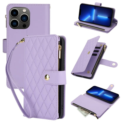 YM016 Rhombic Zipper Card Wallet Leather Phone Case with Lanyard