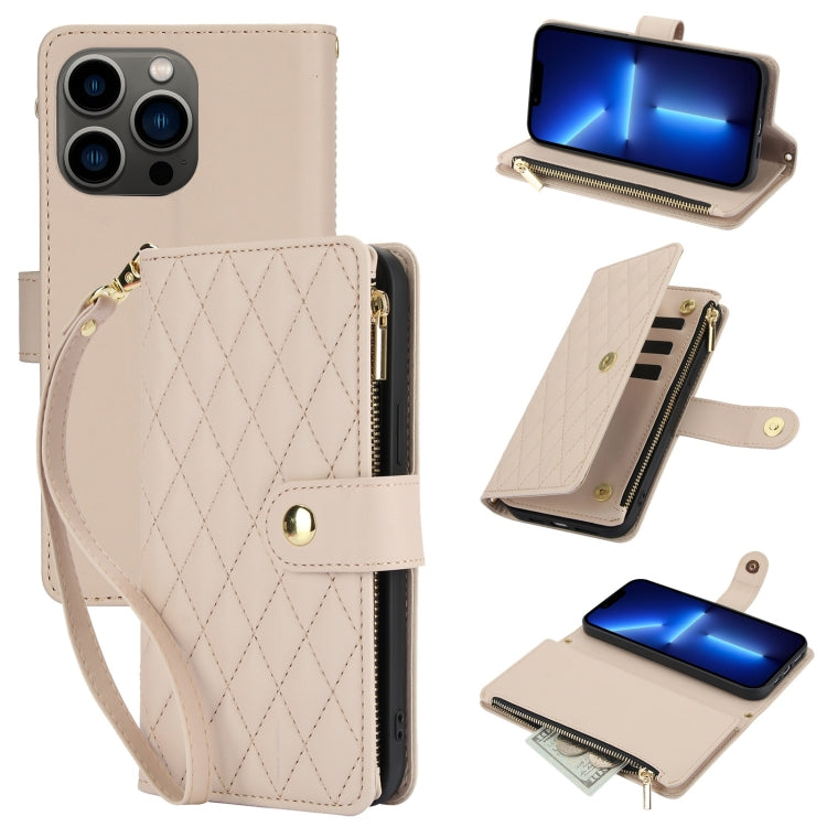 YM016 Rhombic Zipper Card Wallet Leather Phone Case with Lanyard