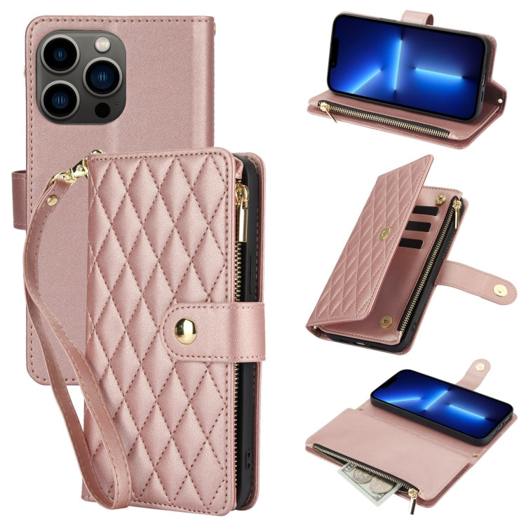 YM016 Rhombic Zipper Card Wallet Leather Phone Case with Lanyard