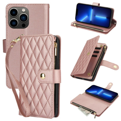YM016 Rhombic Zipper Card Wallet Leather Phone Case with Lanyard