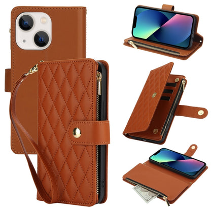 YM016 Rhombic Zipper Card Wallet Leather Phone Case with Lanyard