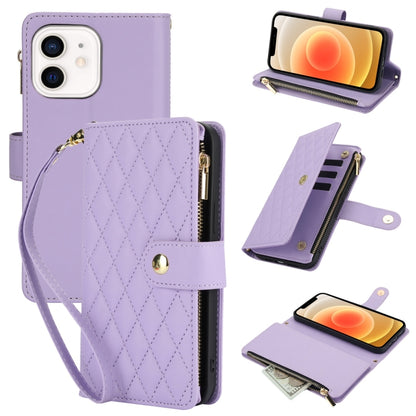 YM016 Rhombic Zipper Card Wallet Leather Phone Case with Lanyard