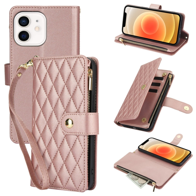YM016 Rhombic Zipper Card Wallet Leather Phone Case with Lanyard
