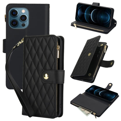 YM016 Rhombic Zipper Card Wallet Leather Phone Case with Lanyard