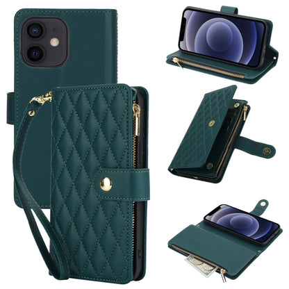 YM016 Rhombic Zipper Card Wallet Leather Phone Case with Lanyard