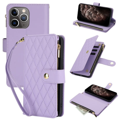 YM016 Rhombic Zipper Card Wallet Leather Phone Case with Lanyard