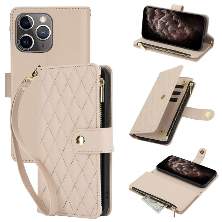 YM016 Rhombic Zipper Card Wallet Leather Phone Case with Lanyard