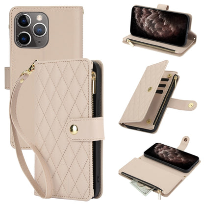 YM016 Rhombic Zipper Card Wallet Leather Phone Case with Lanyard