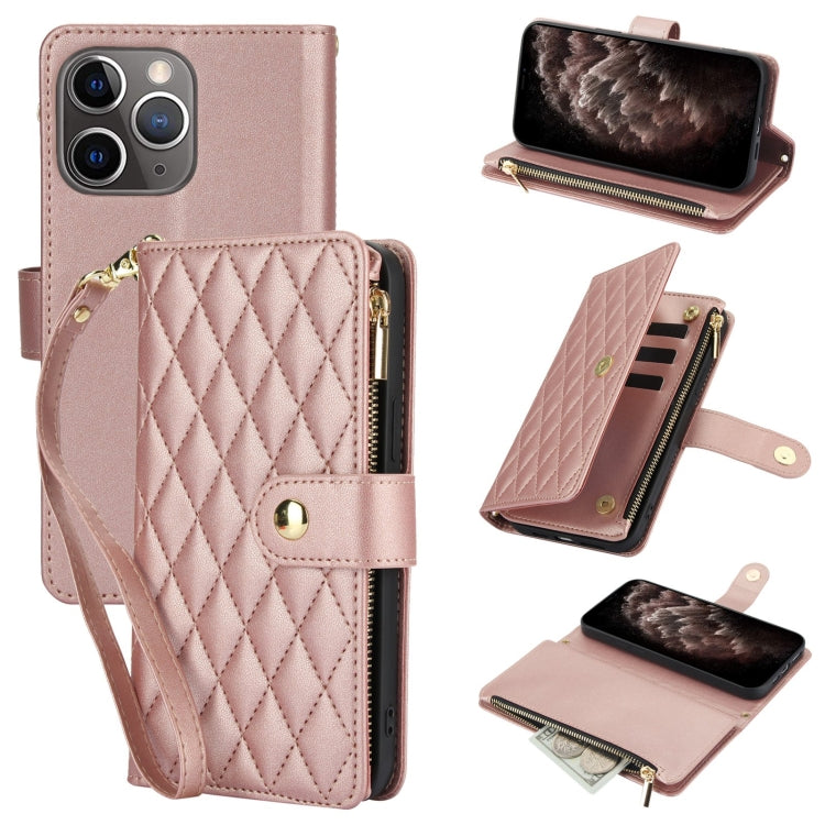 YM016 Rhombic Zipper Card Wallet Leather Phone Case with Lanyard