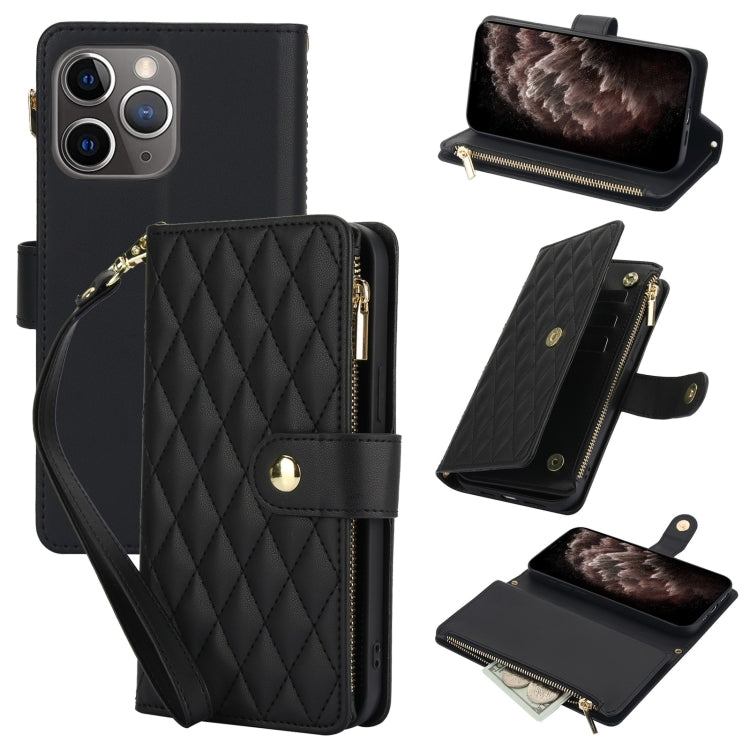 YM016 Rhombic Zipper Card Wallet Leather Phone Case with Lanyard