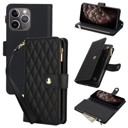 YM016 Rhombic Zipper Card Wallet Leather Phone Case with Lanyard