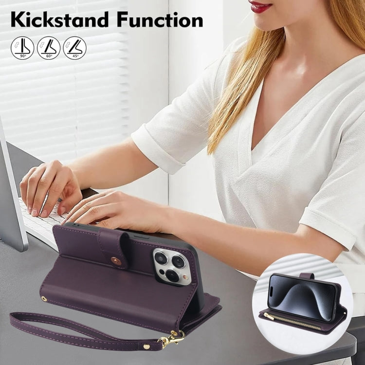 YM016 Rhombic Zipper Card Wallet Leather Phone Case with Lanyard