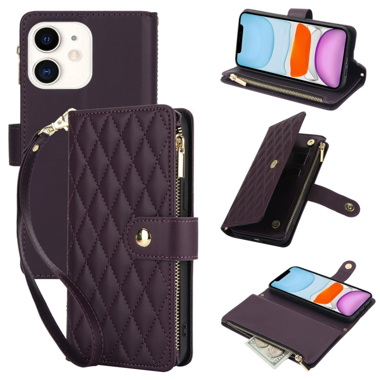 YM016 Rhombic Zipper Card Wallet Leather Phone Case with Lanyard