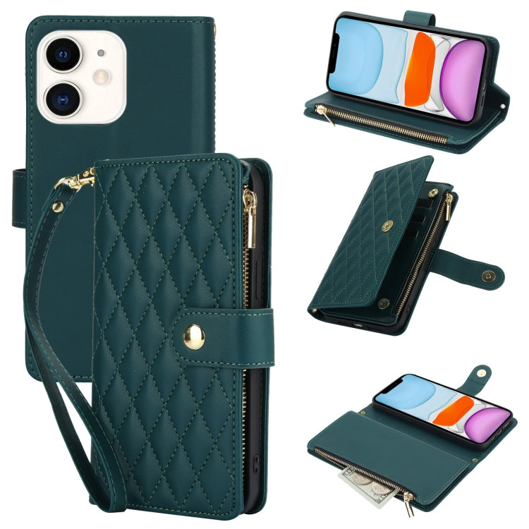 YM016 Rhombic Zipper Card Wallet Leather Phone Case with Lanyard