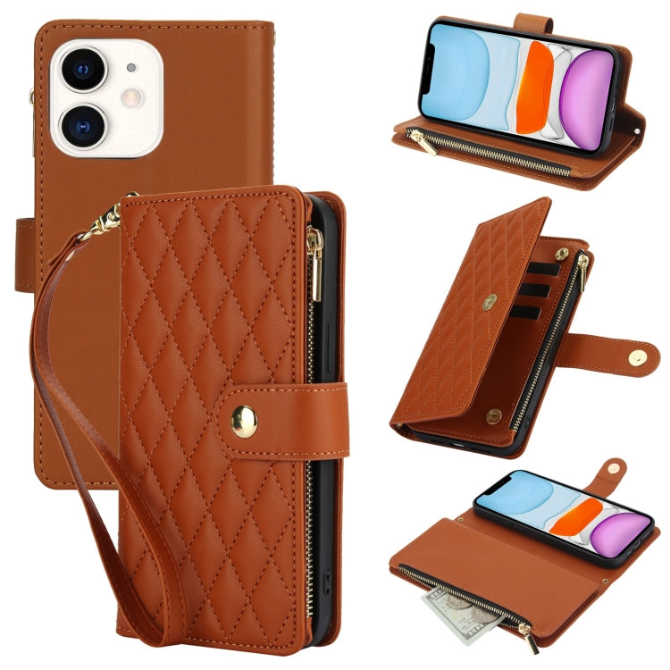 YM016 Rhombic Zipper Card Wallet Leather Phone Case with Lanyard