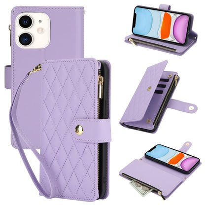 YM016 Rhombic Zipper Card Wallet Leather Phone Case with Lanyard