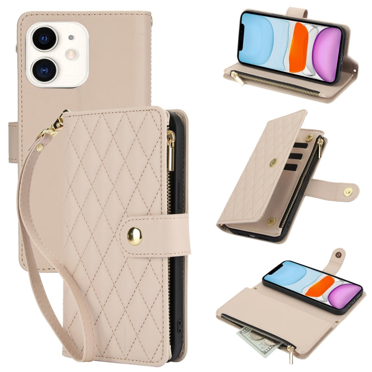 YM016 Rhombic Zipper Card Wallet Leather Phone Case with Lanyard