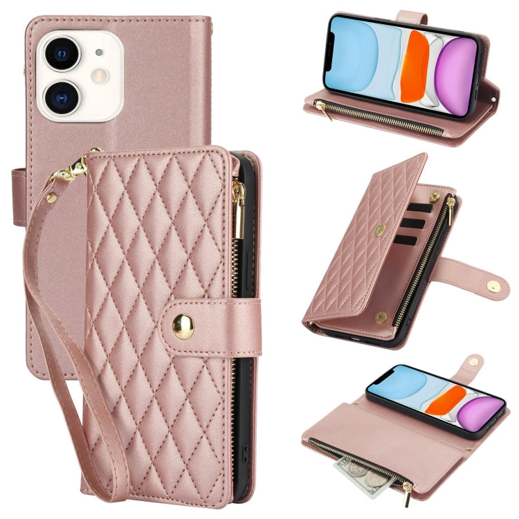 YM016 Rhombic Zipper Card Wallet Leather Phone Case with Lanyard