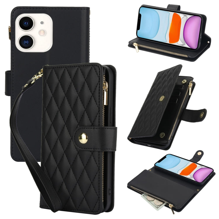 YM016 Rhombic Zipper Card Wallet Leather Phone Case with Lanyard