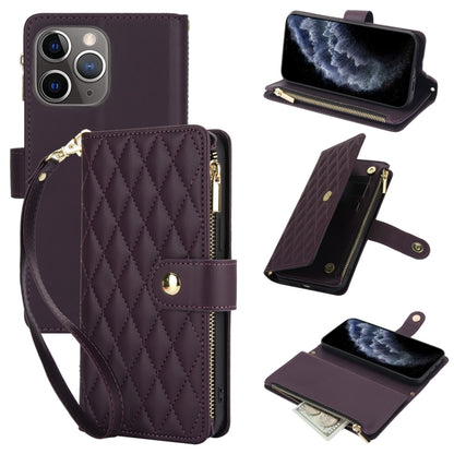 YM016 Rhombic Zipper Card Wallet Leather Phone Case with Lanyard