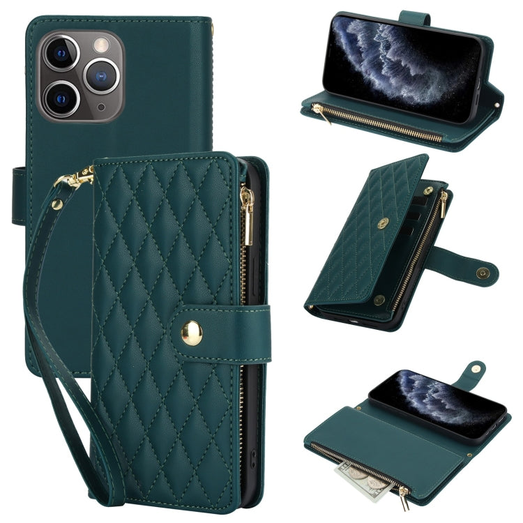 YM016 Rhombic Zipper Card Wallet Leather Phone Case with Lanyard