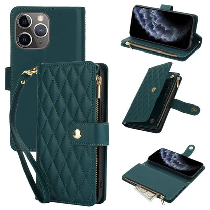 YM016 Rhombic Zipper Card Wallet Leather Phone Case with Lanyard
