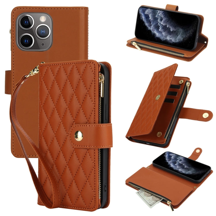 YM016 Rhombic Zipper Card Wallet Leather Phone Case with Lanyard