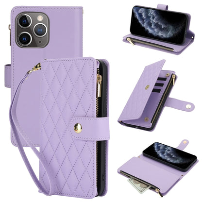 YM016 Rhombic Zipper Card Wallet Leather Phone Case with Lanyard