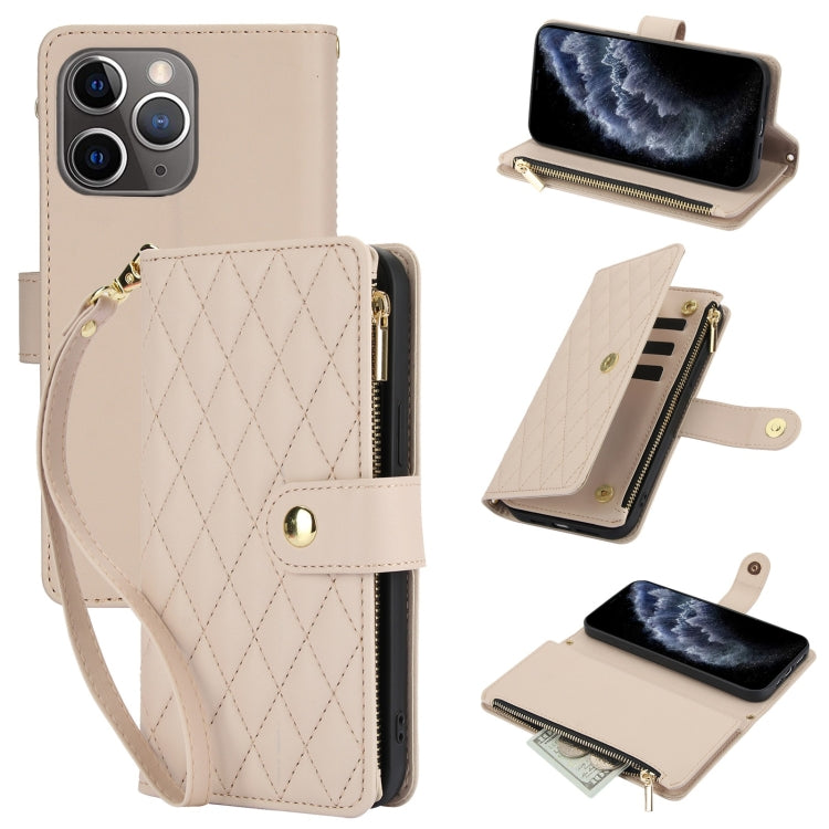 YM016 Rhombic Zipper Card Wallet Leather Phone Case with Lanyard