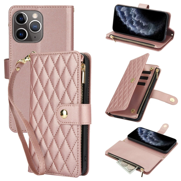 YM016 Rhombic Zipper Card Wallet Leather Phone Case with Lanyard