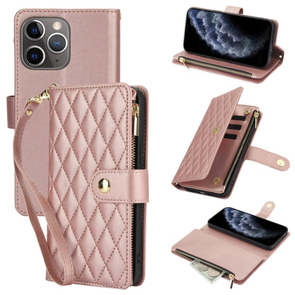YM016 Rhombic Zipper Card Wallet Leather Phone Case with Lanyard