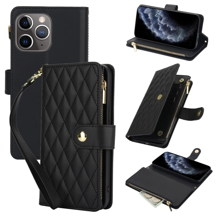 YM016 Rhombic Zipper Card Wallet Leather Phone Case with Lanyard