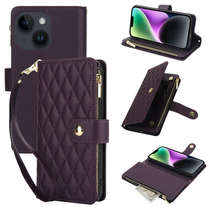 YM016 Rhombic Zipper Card Wallet Leather Phone Case with Lanyard