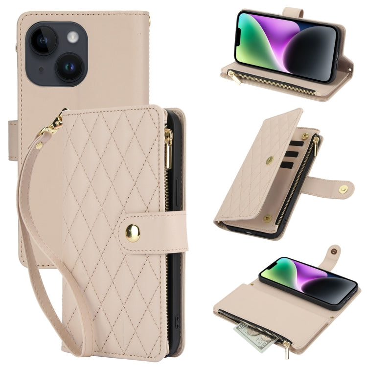 YM016 Rhombic Zipper Card Wallet Leather Phone Case with Lanyard