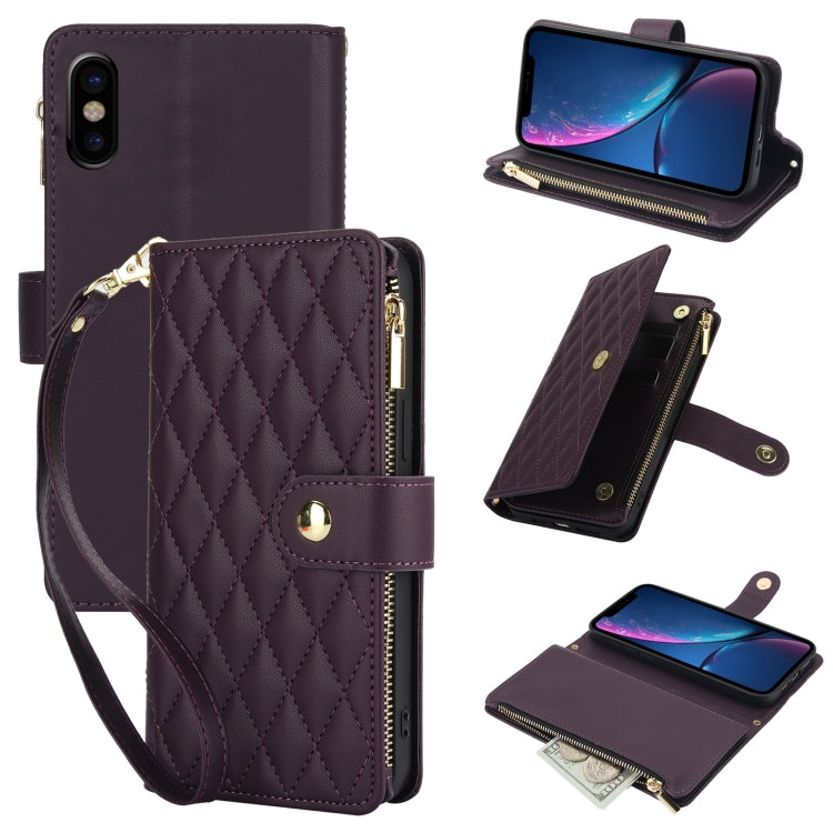 YM016 Rhombic Zipper Card Wallet Leather Phone Case with Lanyard