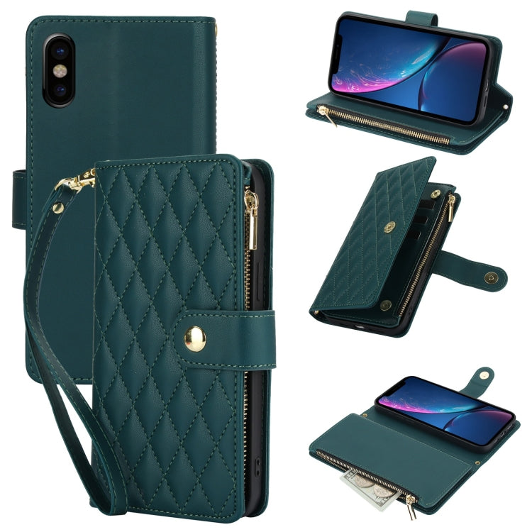 YM016 Rhombic Zipper Card Wallet Leather Phone Case with Lanyard