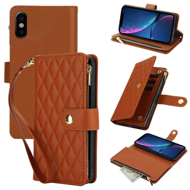 YM016 Rhombic Zipper Card Wallet Leather Phone Case with Lanyard