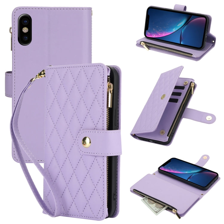 YM016 Rhombic Zipper Card Wallet Leather Phone Case with Lanyard