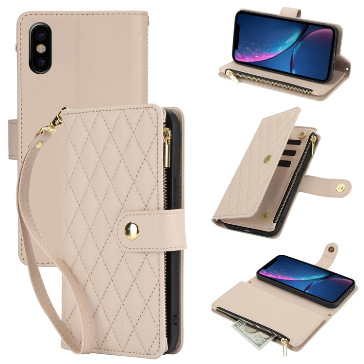 YM016 Rhombic Zipper Card Wallet Leather Phone Case with Lanyard