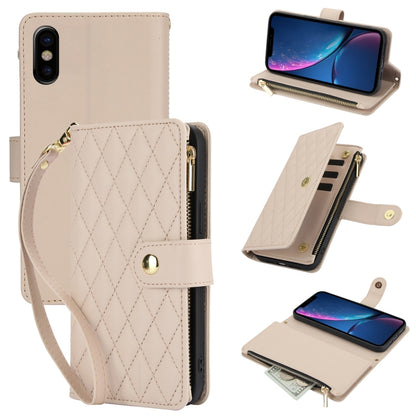 YM016 Rhombic Zipper Card Wallet Leather Phone Case with Lanyard