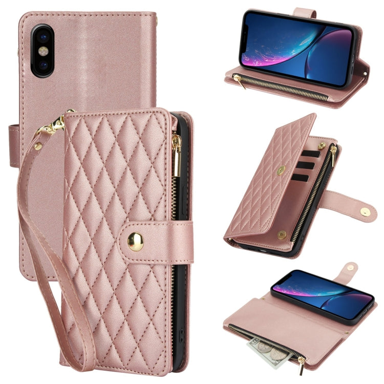 YM016 Rhombic Zipper Card Wallet Leather Phone Case with Lanyard