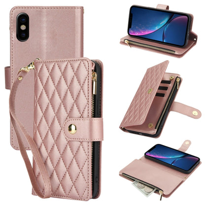 YM016 Rhombic Zipper Card Wallet Leather Phone Case with Lanyard