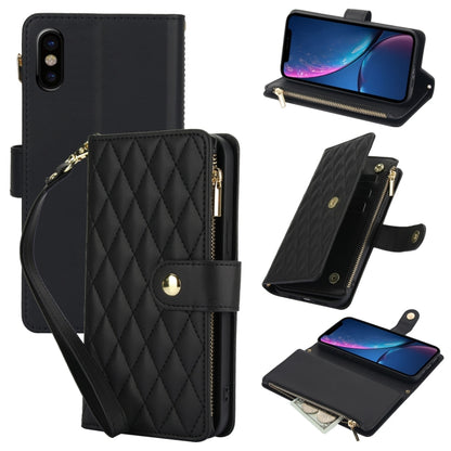 YM016 Rhombic Zipper Card Wallet Leather Phone Case with Lanyard