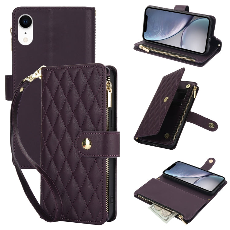 YM016 Rhombic Zipper Card Wallet Leather Phone Case with Lanyard