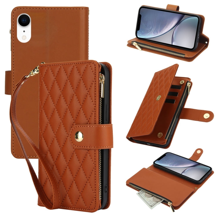 YM016 Rhombic Zipper Card Wallet Leather Phone Case with Lanyard